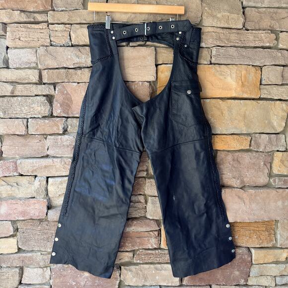 Black Leather side zip/snap motorcycle chaps Women's L Adj. Silver Buckle Waist - Picture 1 of 13